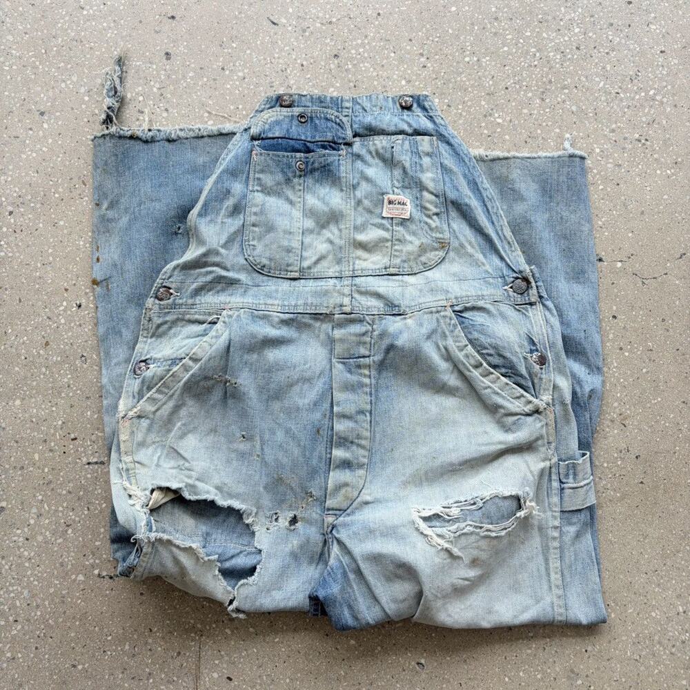 Vintage 50s Big Mac Distressed Workwear Denim Overalls 34x26